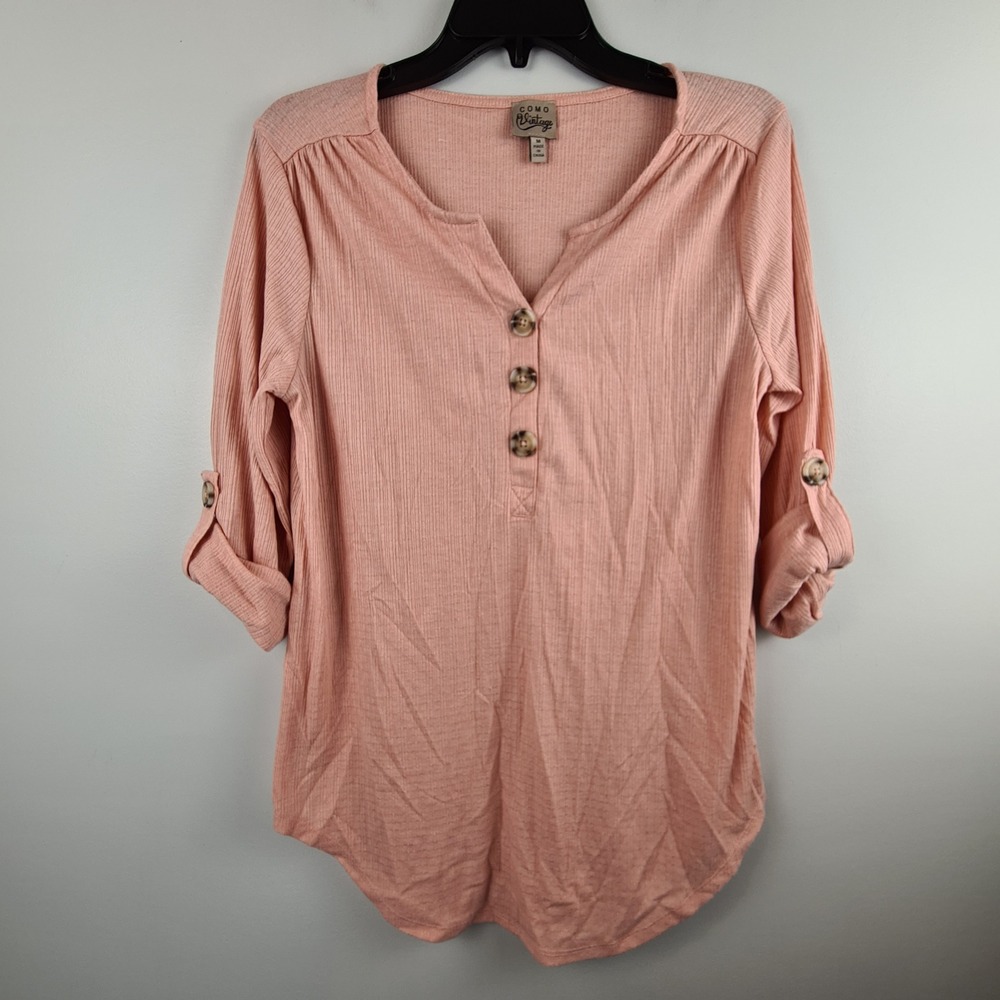 Como Vintage Women Peach Pink Ribbed Henley 3/4 Roll Tab Sleeve Tunic Top Medium